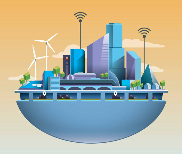 illustrazioni stock, clip art, cartoni animati e icone di tendenza di futuristica città intelligente vettoriale con ambiente pulito e caldo - smart city