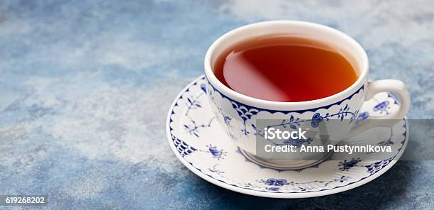 Cup Of Tea On A Blue Stone Background Copy Space Stock Photo - Download Image Now - Tea Cup, Afternoon Tea, English Culture