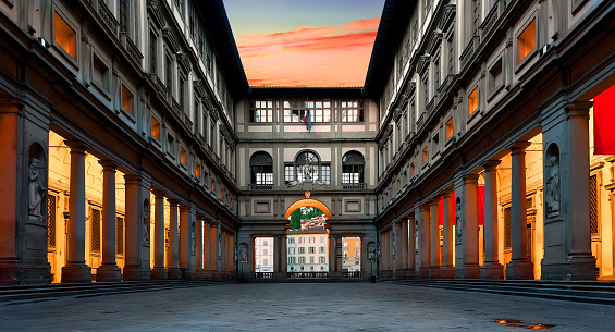 Piazzale degli Uffizi in Florence at sunrise, Italy