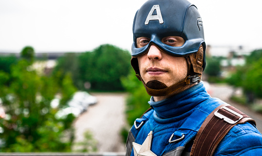 Sheffield, United Kingdom - June 11, 2016: Cosplayer dressed as 'Captain America' from Marvel at the Yorkshire Cosplay Convention at Sheffield Arena