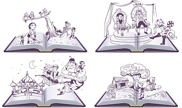 ilustraciones, imágenes clip art, dibujos animados e iconos de stock de set open book illustration tale story of pinocchio, cipollino, alladin - book magic picture book illustration and painting