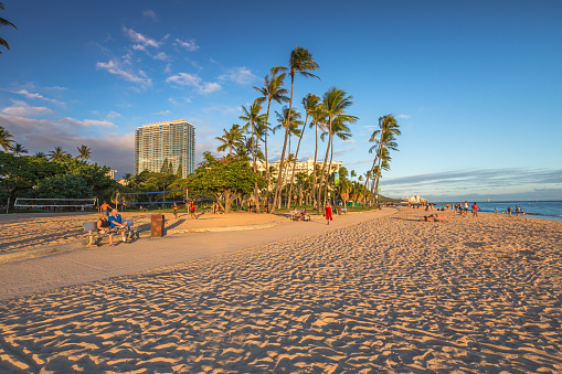 Waikiki, Oahu, Hawaii, United States - August 18, 2016: Fort DeRussy Beach is part of eight sections that make up the popular and long Waikiki Beach in Honolulu.This area of Waikiki is family friendly and more peaceful.