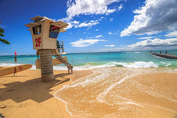 Waikiki ,Oahu, Hawaii, United States - August 27, 2016: serf rescue in San Souci Beach. San Souci Beach is it off the Waikiki Beach hotel strip and is a haven for swimmers, kayakers and surfers.
