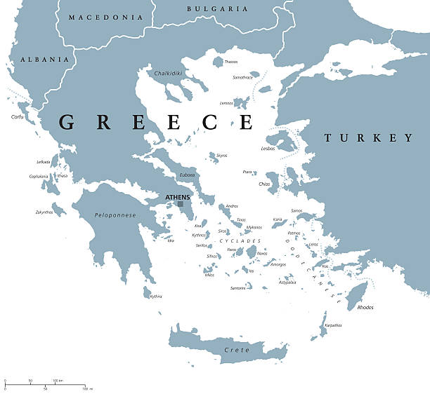 Greece political map Greece political map with capital Athens, with most important peninsulas and islands, with national borders and neighbor countries. Gray colored illustration with English labeling over white. cyclades islands stock illustrations