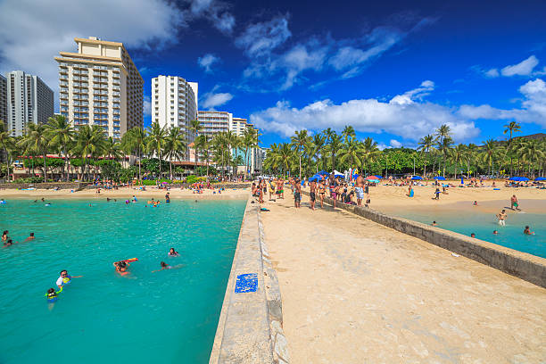 skyline waikiki beach - hawaii islands big island waikiki beach photos et images de collection