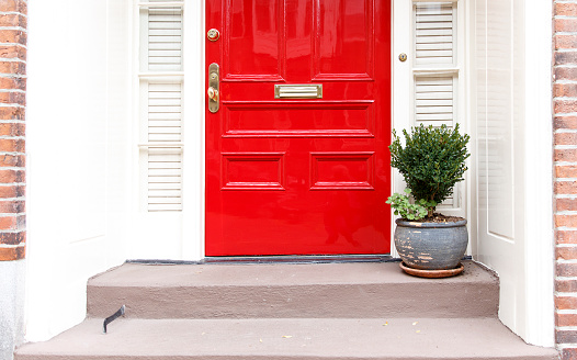 red door and potted plant on the stairs