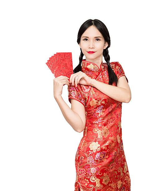 istock Asian lady in red  cheongsam suit  holding red envelope 619367206