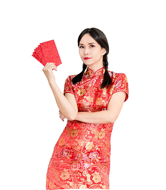 istock Asian lady in red  cheongsam suit  holding red envelope 619367386