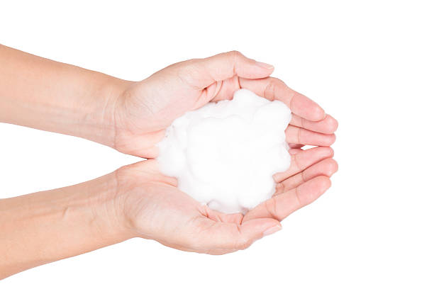 istock Shave foam cream sample on hand, isolated on white 619367512