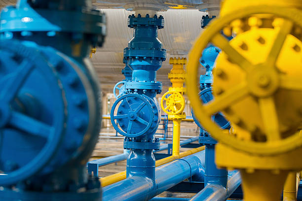 istock Valves at gas plant, Pressure safety valve selective focus. 619368232