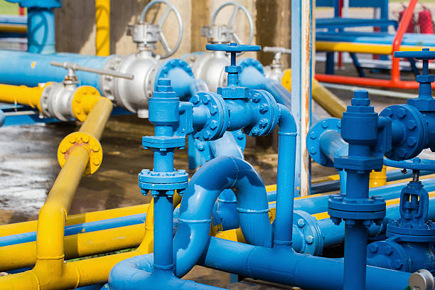 istock Valves at gas plant, Pressure safety valve selective focus. 619368864