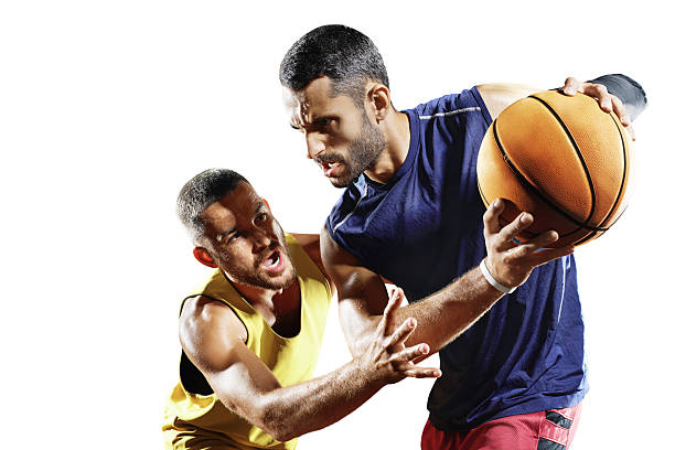 istock Basketball players in action isolated on white 619369480