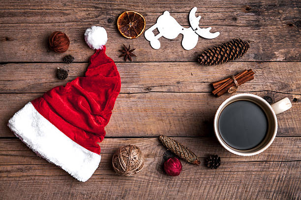 istock Cup of coffee and Santas hat, Christmas set 619372384