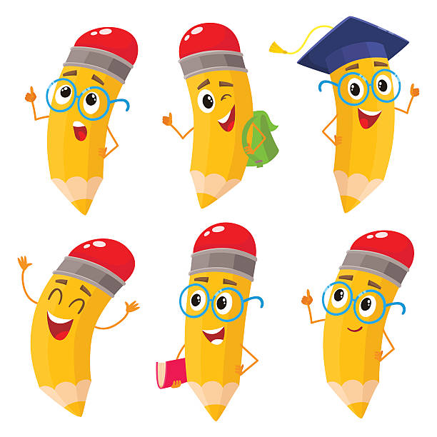Set of cartoon pencils with books, backpack, glasses, graduation cap Set of happy cartoon pencils with books, backpack, glasses, graduation cap, vector illustration isolated on white background. Humanized funny pencils smiling, winking, giving okay pencil cartoon stock illustrations