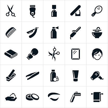 An icon set of items related to hair salons and hairdressing. The icons include scissors, razor, clippers, manicures, hair products, curling iron, cutting hair, blowdryer and other hair solon related products and items.