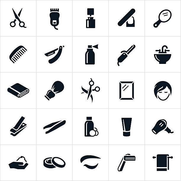 Hairdressing Icons An icon set of items related to hair salons and hairdressing. The icons include scissors, razor, clippers, manicures, hair products, curling iron, cutting hair, blowdryer and other hair solon related products and items. beauty spa stock illustrations