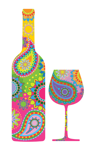 Wine bottle and glass shape with patterned background, best in RGB. Eps 10 file, CS5 version in the zip