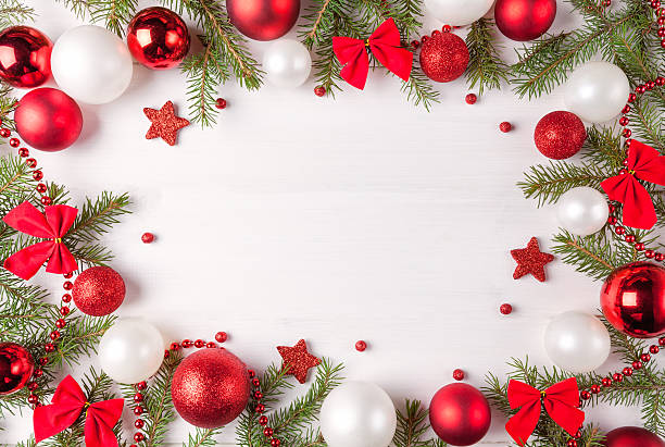 istock Christmas frame decorated with red and white baubles. Copy space 619374626