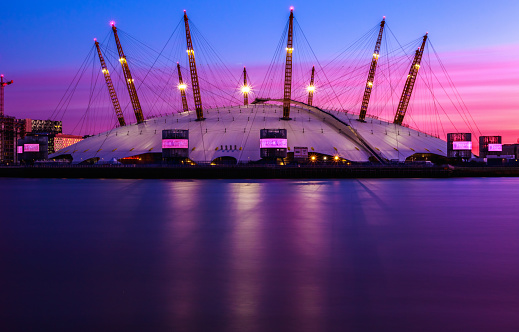 London, UK - October 18, 2016 - The O2 Arena at sunset against purple sky