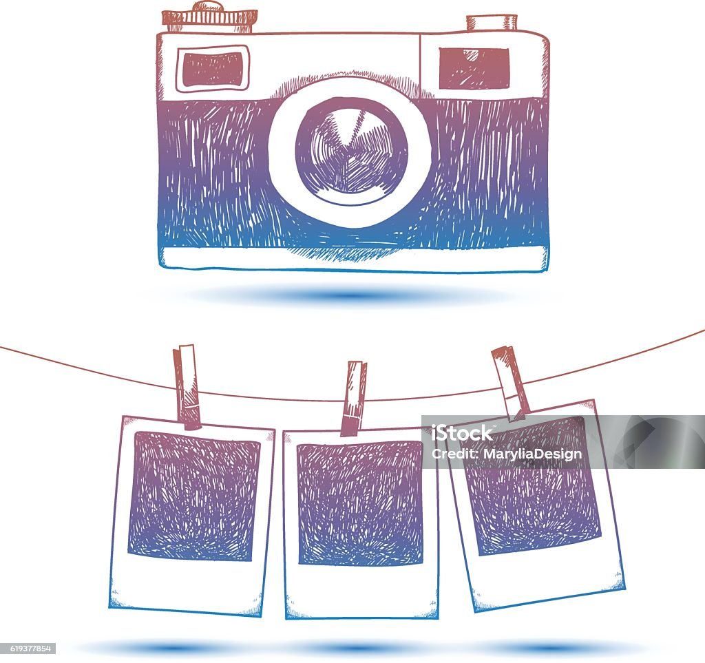 Vector hand drawn doodle illustration of retro photo frames and Vector hand drawn doodle illustration of retro photo frames and camera. Hanging photos in a photo studio. Arts Culture and Entertainment stock vector