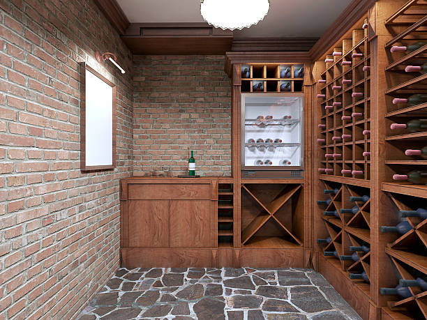istock Mockup white poster on brick wall wine cellar. 619379186
