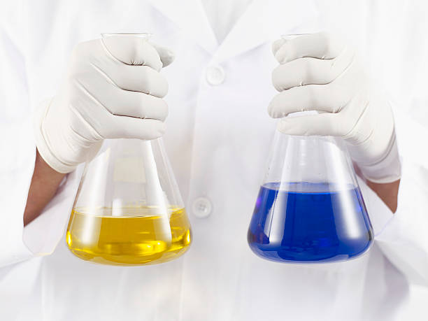 scientific holding test tubes - laboratory glassware beaker flask glass imagens e fotografias de stock