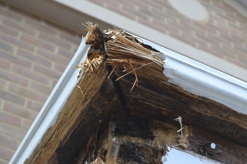 Corner section of house porch showing rotten wooden structure, brick of house in background