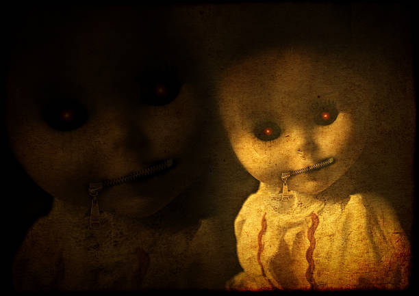 Grunge background with vintage evil spooky doll with zipped mout Grunge background with old paper texture and vintage evil spooky doll with zipped mouth creepy doll stock pictures, royalty-free photos & images