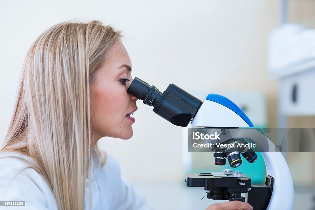 Scientist working in laboratory Woman scientist working in laboratory with microscope 2016 Stock Photo