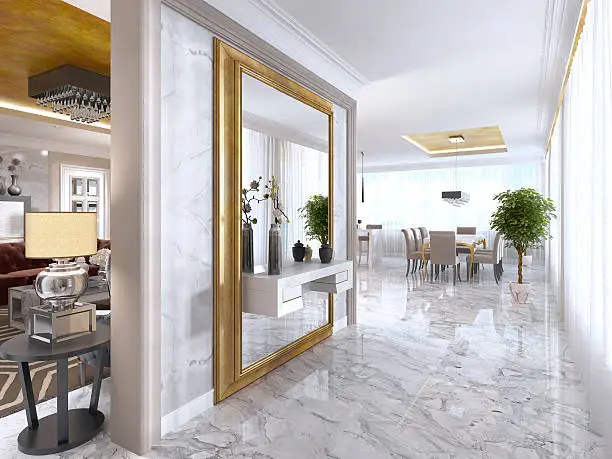 Luxurious Art-Deco entrance hall with a large designer mirror in gold frame and built-in console decor. 3D render.
