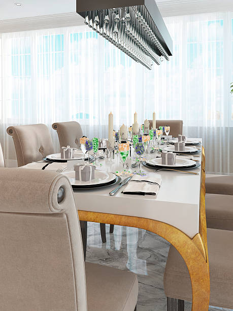 istock Beautifully decorated table and chairs for eight people. 619387860