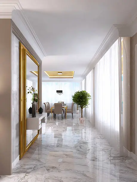 Luxurious Art-Deco entrance hall with a large designer mirror in gold frame and built-in console decor. 3D render.