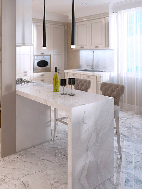 istock Bar counter with bar chairs in luxurious kitchen. 619388258