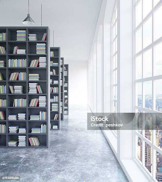 Library With City View Stock Photo - Download Image Now - Apartment, Architecture, Archives