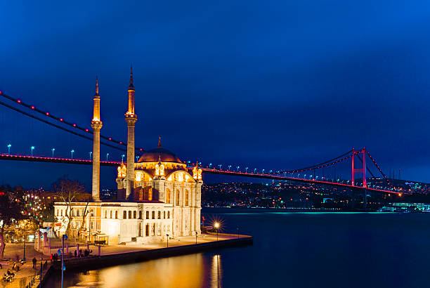 View of Ortaköy Mosque  and the Bosphorus Bridge at nights blue hours in Istanbul, Turkey