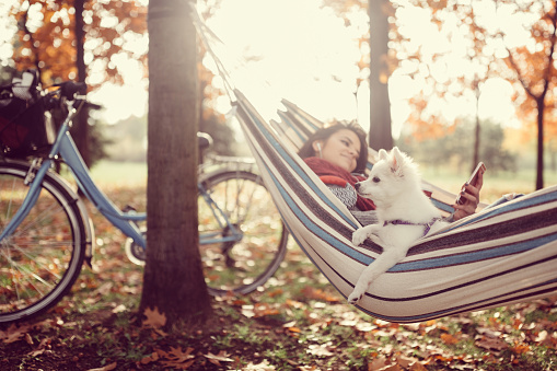 Woman with her dog relaxing in the autumn park