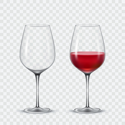 Set transparent vector wine glasses empty and red wine.