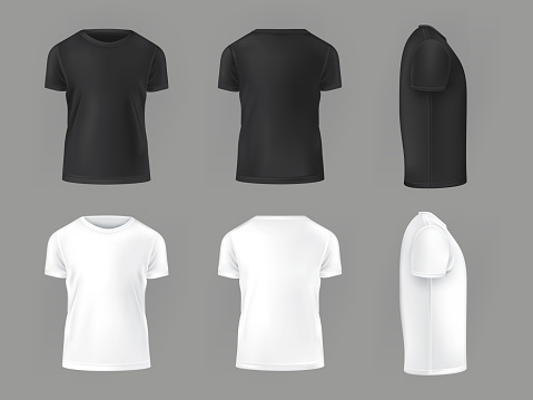 Vector set template of male T-shirts front, side, rear