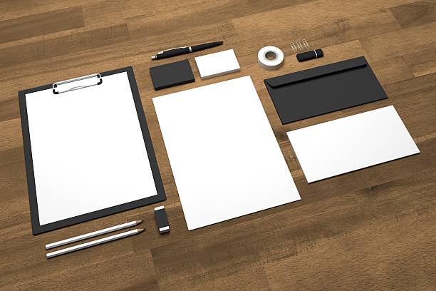 istock Blank 3d illustration stationery mockup on wood 619393608