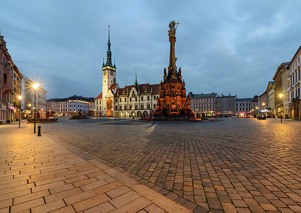 Town hall and Holy Trinity Column in  Olomouc after sunset.