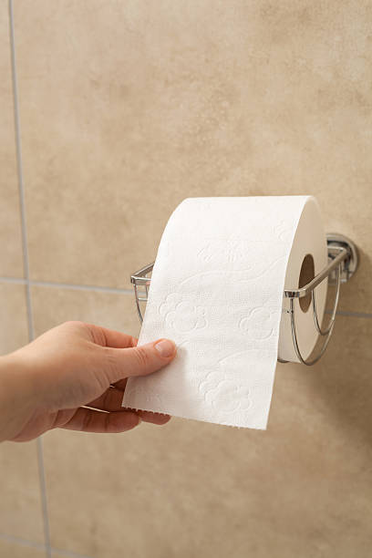 istock hand holding toilet paper roll in holder 619397666