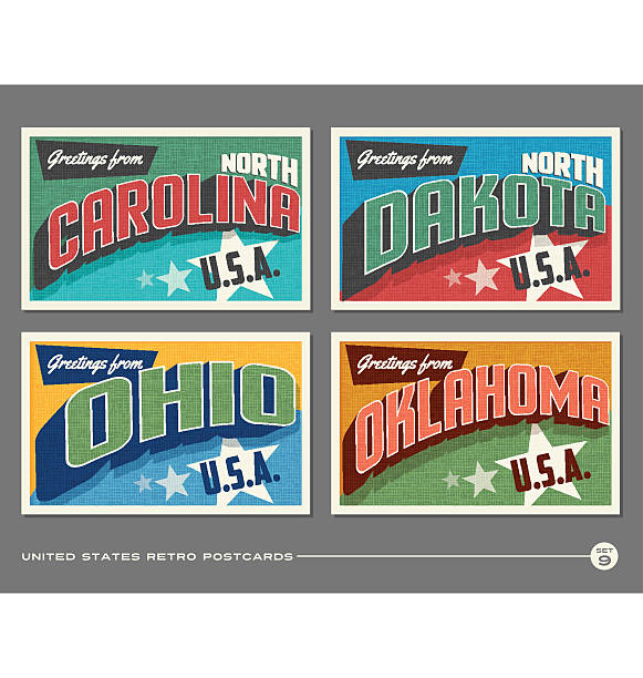 미국 빈티지 타이포그래피 엽서. 노스캐롤라이나, 노스캐롤라이나, 오하이오, 오클라호마, - oklahoma stock illustrations