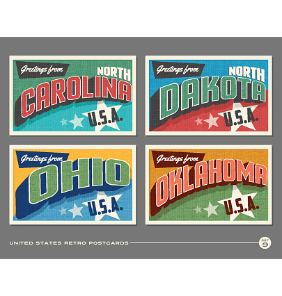 United States vintage typography postcards. North Carolina, North Dakota, Ohio, Oklahoma, 