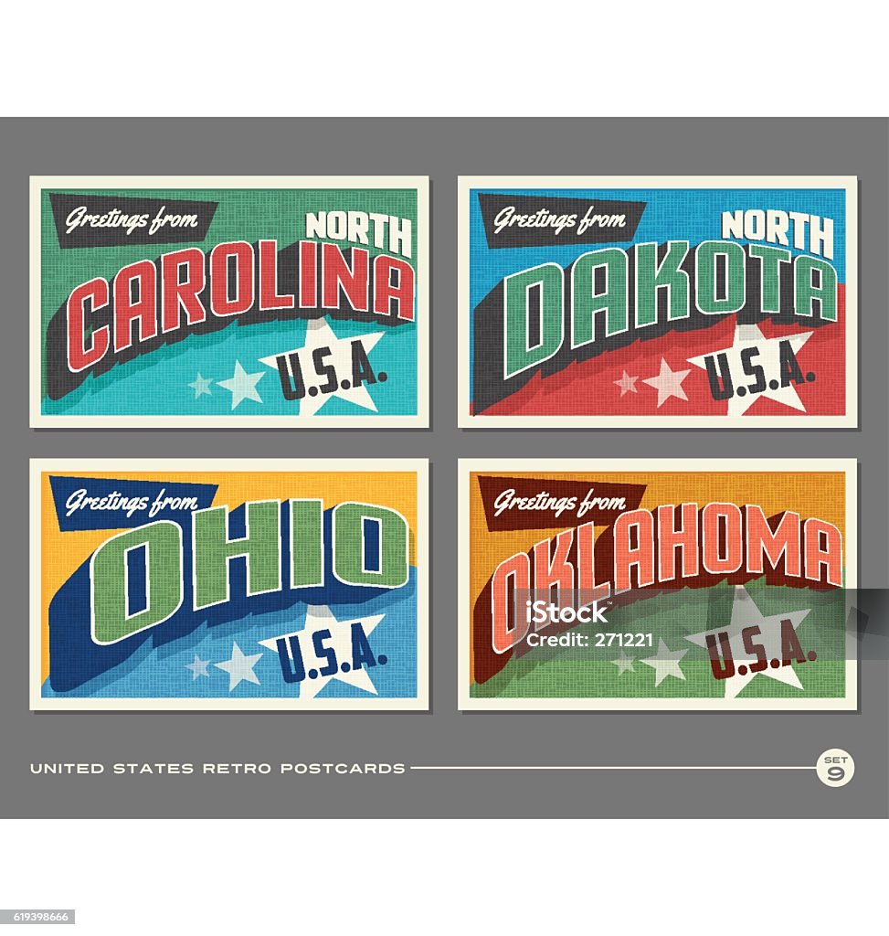 United States vintage typography postcards. North Carolina, North Dakota, Ohio, Oklahoma, United States vintage typography postcards. North Carolina, North Dakota, Ohio, Oklahoma,  Oklahoma stock vector