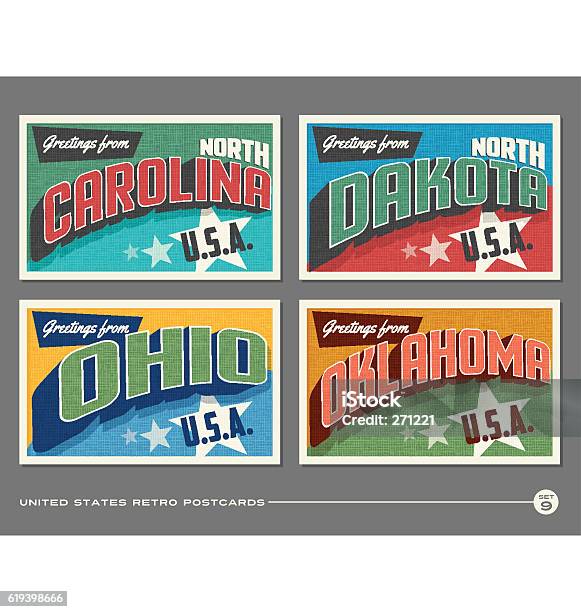 United States Vintage Typography Postcards North Carolina North Dakota Ohio Oklahoma Stock Illustration - Download Image Now