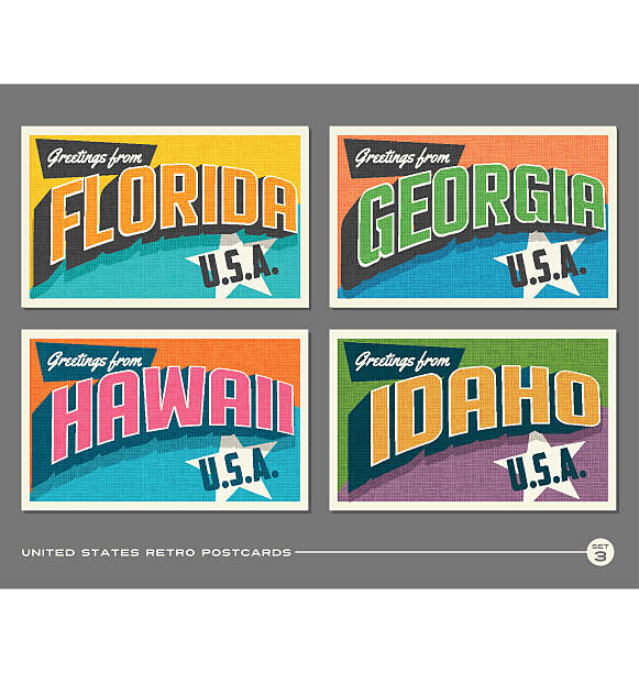 ilustraciones, imágenes clip art, dibujos animados e iconos de stock de postales de tipografía vintage de estados unidos. florida, georgia, hawái, idaho - tarjeta postal