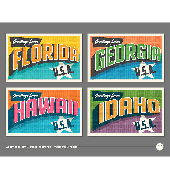 illustrations, cliparts, dessins animés et icônes de cartes postales de typographie vintage des états-unis. floride, géorgie, hawaï, idaho - carte postale