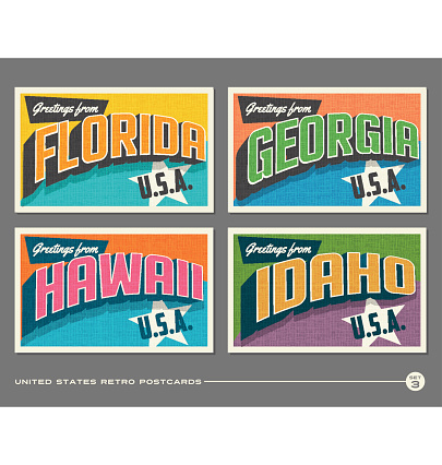 United States vintage typography postcards. Florida, Georgia, Hawaii, Idaho