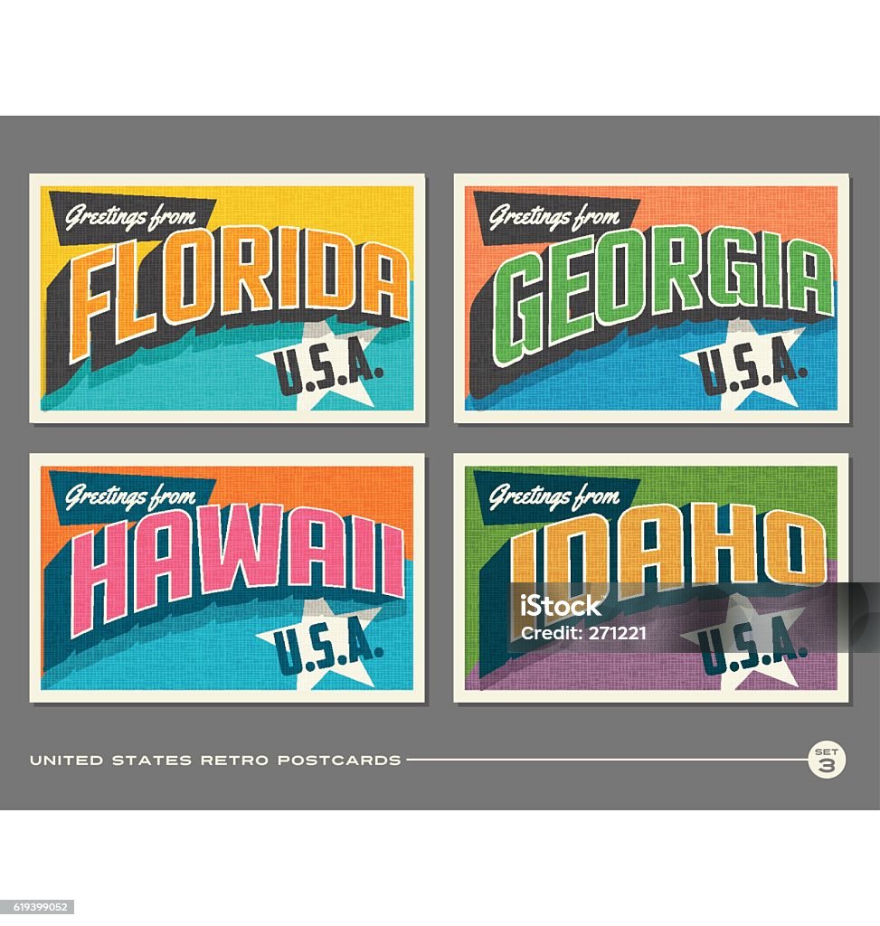 United States vintage typography postcards. Florida, Georgia, Hawaii, Idaho Postcard stock vector