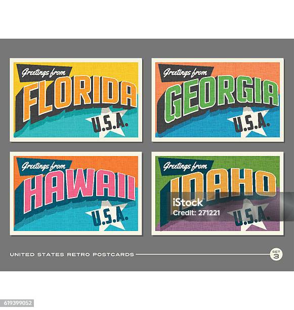 United States Vintage Typography Postcards Florida Georgia Hawaii Idaho Stock Illustration - Download Image Now